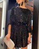 Women Casual Solid Lace-Up Sequin Embroidery Dress