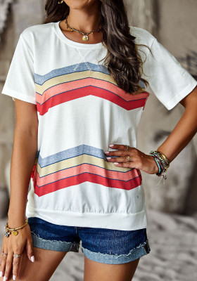 Women Round Neck Rainbow Stripe Short Sleeve T-Shirt