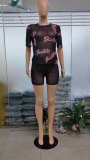 Mesh Set Summer Letter Print Sexy Women's See Through Short Sleeve Shorts Two Piece Set