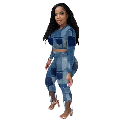 Women's fashion printing tassel long sleeve two-piece set