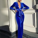 Women's fashion sexy deep v solid Velvet Jumpsuit