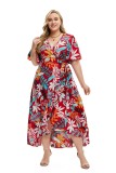 Plus Size Women'S Summer Short Sleeve Printed Wrap Casual Maxi Dress