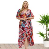 Plus Size Women'S Summer Short Sleeve Printed Wrap Casual Maxi Dress