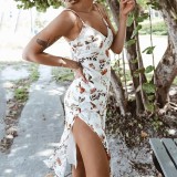 Women'S Summer Fashion Low Back Straps Floral Printed V-Neck Slit Slim Dress