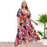 Plus Size Women'S Summer Short Sleeve Printed Wrap Casual Maxi Dress