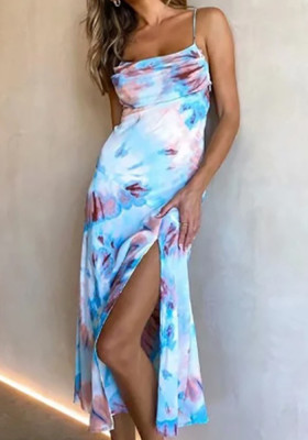 Women'S Summer Sexy Fashion Printed Straps High Waist Slit Dress