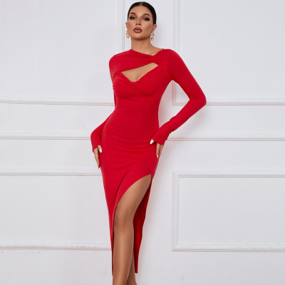 Women'S Maxi Dress Slim Tight Fitting Sexy Slit Long Sleeve Bodycon Dress