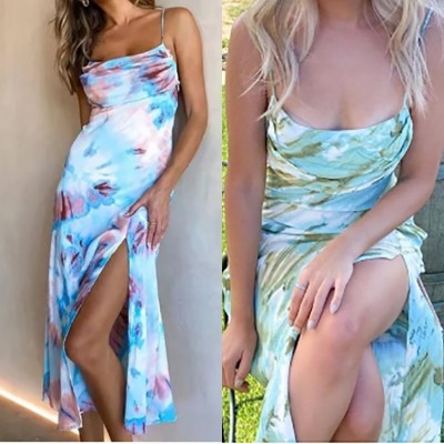 Women'S Summer Sexy Fashion Printed Straps High Waist Slit Dress