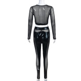 Women'S Spring Solid Color Mesh Patchwork See-Through Two Piece Pants Set
