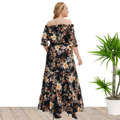 Plus Size Women'S Summer Off Shoulder Boho Print Casual Maxi Dress