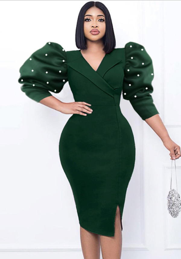 Puff Sleeve Dress Elegant Chic Beaded Party Bodycon Dresses