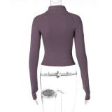 Women'S Zipper Neck Tight Fitting Slim Fit Zipper Cropped Long Sleeve Basic Shirt Top