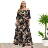 Plus Size Women'S Summer Off Shoulder Boho Print Casual Maxi Dress