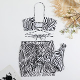 Women Striped Print Drawstring Bikini Swimwear Three-Piece
