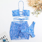 Women Striped Print Drawstring Bikini Swimwear Three-Piece