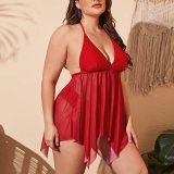 Plus Size Women Mesh Solid Backless Halter Neck Swimwear Two Pieces