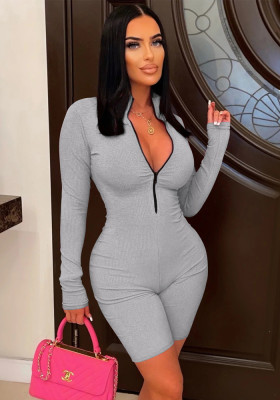 Women Fall Ribbed Zip Jumpsuit