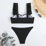 Women Sexy Plain Bikini Pleated Swimwear Two Pieces