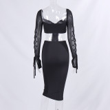 Women Sexy Mesh Patchwork Cutout Top And Bodycon Skirt Two-Piece Set