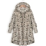 Winter Leopard Print Coat Ladies Button Solid Color Fleece Hooded Coat