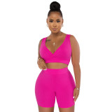 Women's solid color v-neck sleeveless sports two-piece shorts set