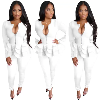 Autumn and winter women's clothing solid color zipper ruffled long-sleeved trouser suit two-piece pants set