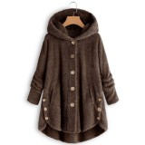 Winter Leopard Print Coat Ladies Button Solid Color Fleece Hooded Coat