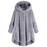 Winter Leopard Print Coat Ladies Button Solid Color Fleece Hooded Coat