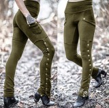Fashionable and handsome ladies rivet slit design Tight Pants slim elastic pocket decorative pencil pants