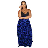 Spring Summer Women's Blue Leopard Print Patchwork Strap Maxi Dress