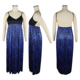 Spring Summer Women's Blue Leopard Print Patchwork Strap Maxi Dress