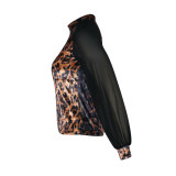 Ladies Leopardvelvet+Black chiffon Patchwork TLong Sleeve Top T-shirt