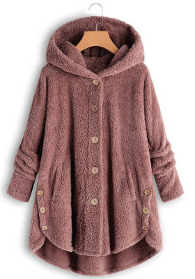 Winter Leopard Print Coat Ladies Button Solid Color Fleece Hooded Coat