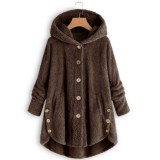 Winter Leopard Print Coat Ladies Button Solid Color Fleece Hooded Coat