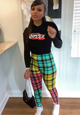 Women's long sleeved Letter Printing Plaid Pants Set