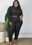 Plus Size Women's Autumn Winter Solid Ribbed Long Sleeve Two Piece Set