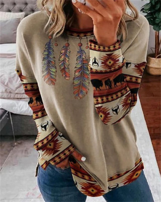 Autumn and Winter Women's Vintage Print Round Neck Long Sleeve Women's Pullover Hoodies