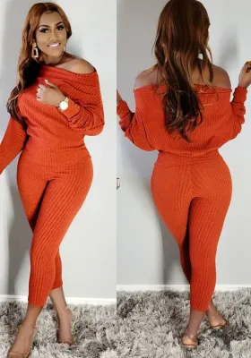 Fashion autumn wide shoulder fashion solid color sweater two-piece set