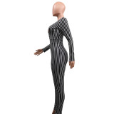 Women's sexy Tight Fitting vertical stripe zipper Jumpsuit