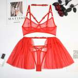 Red Valentine's Day See Through Funny Lingerie Style Metal Ring Mesh Cute Girls 4 Piece Set