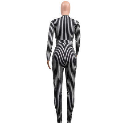 Women's sexy Tight Fitting vertical stripe zipper Jumpsuit