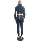 Women's Casual Sport Solid Hoodies Fleece Lace Up Two Piece Set