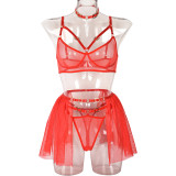 Red Valentine's Day See Through Funny Lingerie Style Metal Ring Mesh Cute Girls 4 Piece Set