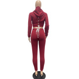 Women's Casual Sport Solid Hoodies Fleece Lace Up Two Piece Set