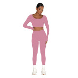 Low Neck Ribbed Sports Casual Long Sleeve Pants Career Two Piece Set