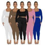 Low Neck Ribbed Sports Casual Long Sleeve Pants Career Two Piece Set