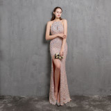 Summer Elegant Sequins Sleeveless Halter Split Evening Dress