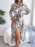 Women Vintage Floral Turndown Collar Tie Shirt Dress