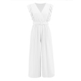 Women Sleeveless Ruffle V-Neck Wide Leg Jumpsuit