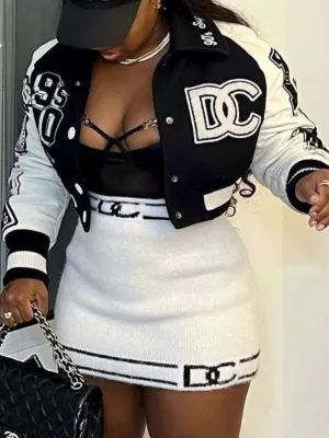 Women Casual Letter Print Ribbed Baseball Jacketv